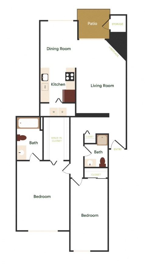 A floor plan of a house with a patio, two bathrooms, a kitchen, a dining room, and two bedrooms.